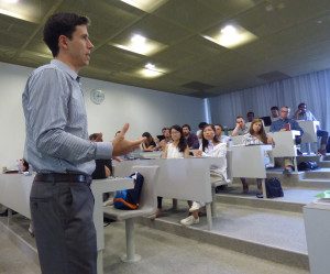 Fernando Martinelli, CEO of Prep Lounge, talks to MBA students at HEC Paris, during the annual Consulting Week