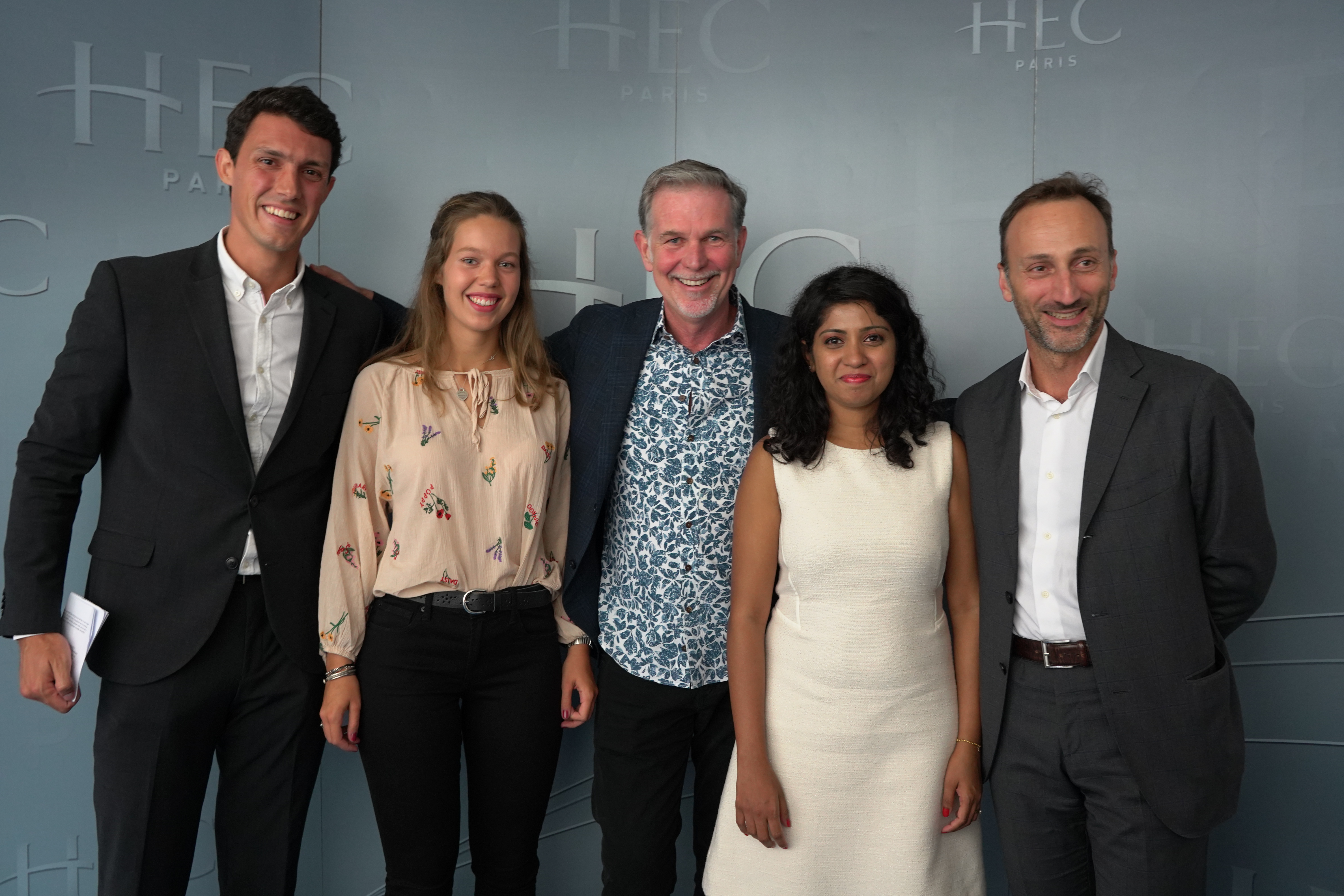 From left: The MBA's General Management and Leadership Club President Arnaud Steinfels, HEC Débats President Rozenn Révois, Netflix CEO Reed Hastings, EMBA candidate Agnès Ignace, and the MBA Programs Associate Dean Andrea Masini
