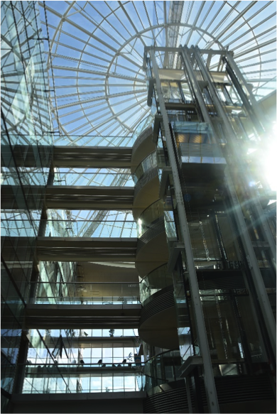 Inside the Alstom Paris Headquarters, looking up to the glass ceiling