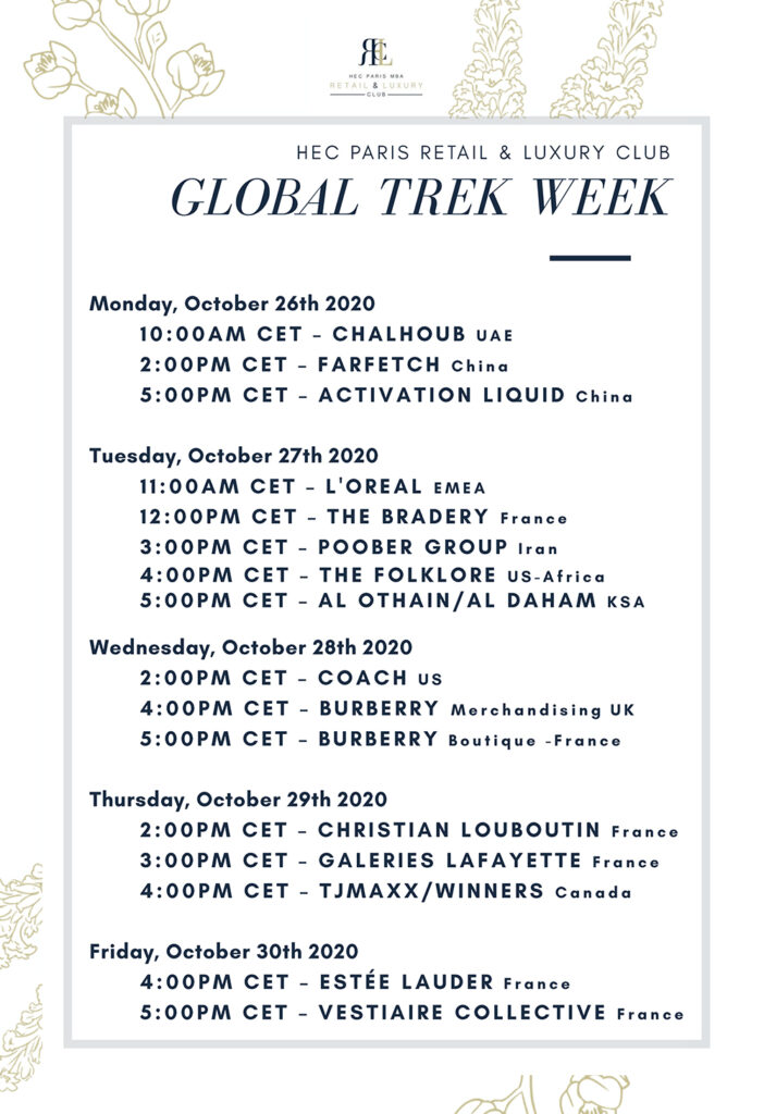 Networking Schedule of the Global trek week by the Retail and Luxury Club
