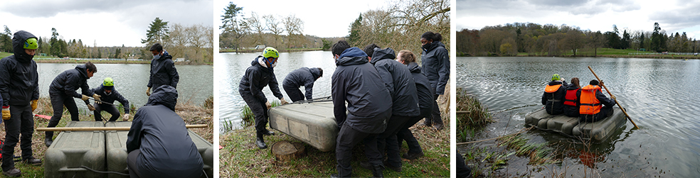 As part of the seminar's exercises, teams must work together to build a boat--then test its seaworthiness by sailing it across the HEC lake